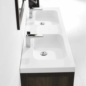 Image Title Double sink vanity, brown finish and white top, 60" inch width