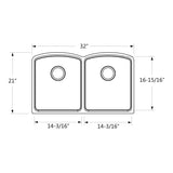 Granite Sink 50/50 Layout from top Undermount Double Bowl  Overall Size: 32 x 21 x 9-7/16 in  Bowl Size: 14-3/16 x 16-15/16 x 9-7/16 in