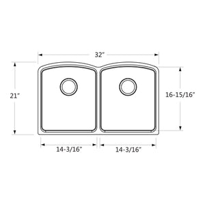 Image Title Layout from top Undermount Double Bowl  Overall Size: 32 x 21 x 9-7/16 in  Bowl Size: 14-3/16 x 16-15/16 x 9-7/16 in