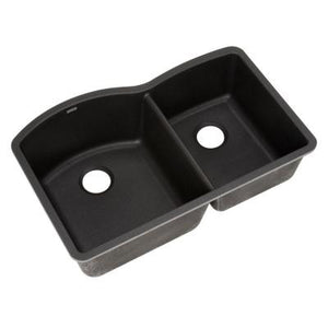 Black Undermount Double Bowl  Overall Size: 32 x 21 x 9-7/8 in  Left Bowl Size: 16-1/2 x 18-1/2 x 9-7/8 in  Right Bowl Size: 12-9/16 x 16-1/2 x 8-11/16  Material: Granite + PMMA