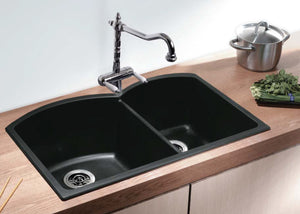 Image Title Black Undermount Double Bowl  Overall Size: 32 x 21 x 9-7/8 in  Left Bowl Size: 16-1/2 x 18-1/2 x 9-7/8 in  Right Bowl Size: 12-9/16 x 16-1/2 x 8-11/16  Material: Granite + PMMA