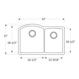 Granite Sink 60/40 Layout Undermount Double Bowl  Overall Size: 32 x 21 x 9-7/8 in  Left Bowl Size: 16-1/2 x 18-1/2 x 9-7/8 in  Right Bowl Size: 12-9/16 x 16-1/2 x 8-11/16  Material: Granite + PMMA