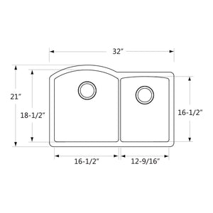 Image Title Layout Undermount Double Bowl  Overall Size: 32 x 21 x 9-7/8 in  Left Bowl Size: 16-1/2 x 18-1/2 x 9-7/8 in  Right Bowl Size: 12-9/16 x 16-1/2 x 8-11/16  Material: Granite + PMMA