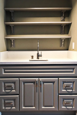 Image Title Anaheim Gray (Kitchen Cabinet), vanity with metallic handles.